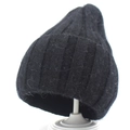 Classic deep black ribbed knit beanie featuring warm faux rabbit fur texture for women - M (56-58cm) / Black