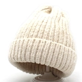 Detailed view of beige chenille knit hat with ribbed texture and soft rolled cuff design - Adult / Beige
