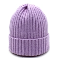 Light purple ribbed knit beanie hat with rolled edge for autumn and winter warmth - Purple