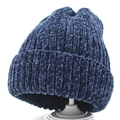 Detail of dark blue chenille knitted beanie showing thick ribbed texture and folded cuff - Adult / Navy Blue