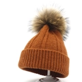 Orange brown knit beanie for women with a fluffy raccoon fur pompom on top - M (56-58cm) / Orange