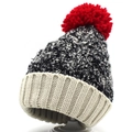 Gorro de punto jaspeado para invierno con pompón rojo grande y dobladillo acanalado - Rojo Color Mezclado