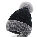 Women's chenille knit beanie in black and grey with a large faux fur pompom detail - Gray Pom + Black