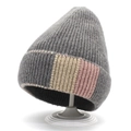 Winter fleece wool knit hat in dark grey with beige and pink striped cuff detail - Kids / Gray