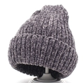 Detail of grey chenille knitted beanie with ribbed texture and classic folded cuff design - Adult / Gray