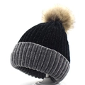 Women's warm chenille knit beanie in black and grey with a fluffy faux fur pompom - Grey/Black Stitching