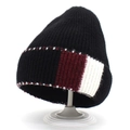 Women's black thick knit beanie with burgundy and white striped cuff on a stand - Kids / Black