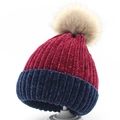 Burgundy and navy knit chenille winter hat for women with fluffy faux fur pom-pom - Burgundy/Navy Stitching