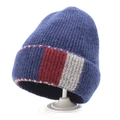 Winter wool blend knit beanie in navy blue with red and gray striped folded cuff - Navy Blue