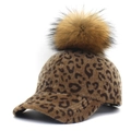 Close-up of leopard print texture and fluffy brown pompom on wool baseball cap - Adjustable / Coffee + Real Raccoon Pom-pom