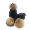 Adult black knitted winter set including beanie hat and scarf with brown fur pom-poms - Adult Style / Black