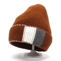 Women's dark caramel ribbed knit wool hat with stylish white and grey color block cuff - Orange