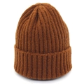 Cozy brown ribbed knit beanie hat for winter with a stylish folded cuff design - Caramel color