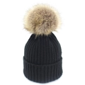 Gorro clásico de punto negro con pompón de piel sintética marrón para el invierno - Niños / Negro