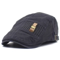 Navy blue cotton flat cap for men with brown leather strap and metal buckle detail - Adjustable / Gray
