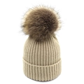 Gorro de invierno de punto caqui con gran pompón de piel sintética marrón y ribetes - Niños / Beige