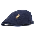 Navy blue cotton duckbill beret with brown leather strap and golden metal buckle decoration - Adjustable / Navy Blue