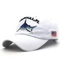 Detail of white cotton baseball cap with blue shark embroidery and US flag patch - Adjustable / White