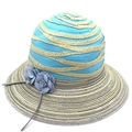 Chapeau de soleil rayé bleu et beige pour femme avec décorations florales en 3D - Bleu