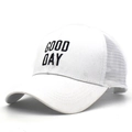 Detail of white mesh trucker hat featuring Good Day embroidery and curved brim - Kids / White
