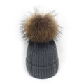 Detail der grauen Strickmütze mit flauschigem braunem Waschbärpelz-Bommel oben drauf - Dunkelgrau