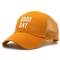 Detail of yellow baseball cap featuring GOOD DAY embroidery and breathable mesh texture - Kids / Yellow