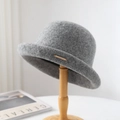 Elegant grey 100% pure wool felt cloche hat with a subtle gold metal logo detail - One Size / Gray