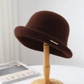 Elegant dark brown pure wool cloche hat with a stylish rolled brim and gold metal accent - One Size / Coffee