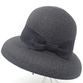 Cappello da sole in paglia nera da donna con fiocco elegante per vacanze estive - Nero