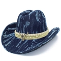 Vintage blue denim western cowboy hat with golden bull head ornament and frayed edges - Dark Blue