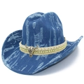 Navy blue denim cowboy hat with bull skull buckle and vintage distressed texture - Blue
