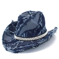 Classic dark blue denim cowboy hat with distressed edges and elegant pearl beaded trim - One Size / Dark Blue
