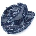 Detailaufnahme der Distressed-Textur und Denim-Fransen an einem dunkelblauen Fedora-Hut - Einheitsgröße / Dunkelblau