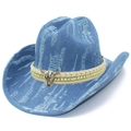 Light blue distressed denim cowboy hat featuring vintage bull skull and metallic studs - Light Blue