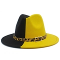 Two-tone black and yellow wool fedora hat with leopard print band and gold buckle - One Size / Black Yellow