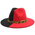 Detail of red and black bicolor wool fedora hat with leopard band and gold buckle - One Size / Black Red