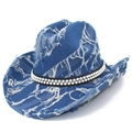 Distressed blue denim cowboy hat with fringe details and pearl decorative band - One Size / Blue