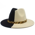 Detail of two-tone wool fedora hat featuring leopard print band and gold buckle - One Size / Black and White