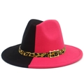 Two-tone pink and black fedora hat with leopard print band and golden buckle - One Size / Black Rose