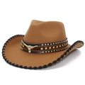 Brown wool western cowboy hat with silver rivets and bull head emblem on leather band - Coffee
