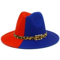 Detail of red and blue wool fedora hat featuring leopard print band and gold buckle - One Size / Red and Blue