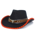 Black western cowboy hat with red stitched brim and metallic bull head emblem on band - Black