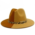 Detail of two-tone wool fedora featuring leopard print band and gold buckle accent - One Size / Brown Khaki