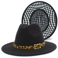 Chapeau fedora en laine noire avec ruban léopard et bordure à motif pied-de-poule - Taille unique / Style Deux (Noir avec Bord Pied-de-poule)