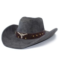 Classic dark grey PU leather cowboy hat featuring a silver bull head metal ornament - Dark Gray