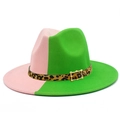Detail of two-tone wool fedora with leopard print band and golden metal buckle accessory - One Size / Pink Green