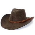 Sombrero fedora clásico de cuero PU marrón oscuro con ala ancha y banda trenzada - Talla única / café