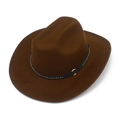 Detail of coffee brown wool western cowboy hat with studded leather belt and gold ring buckle - One Size / Coffee