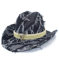 Cappello da cowboy in denim invecchiato con bordi sfilacciati e ciondolo a teschio di toro - Taglia unica / Nero