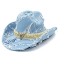 Cappello da cowboy in denim slavato con teschio di toro vintage e dettagli borchiati - Taglia unica / Azzurro